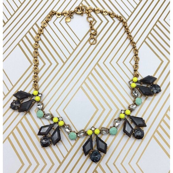 J.Crew Gold Tone Chain Gray Crystal Blue Bead Collar Length Statement Necklace - Picture 8 of 9